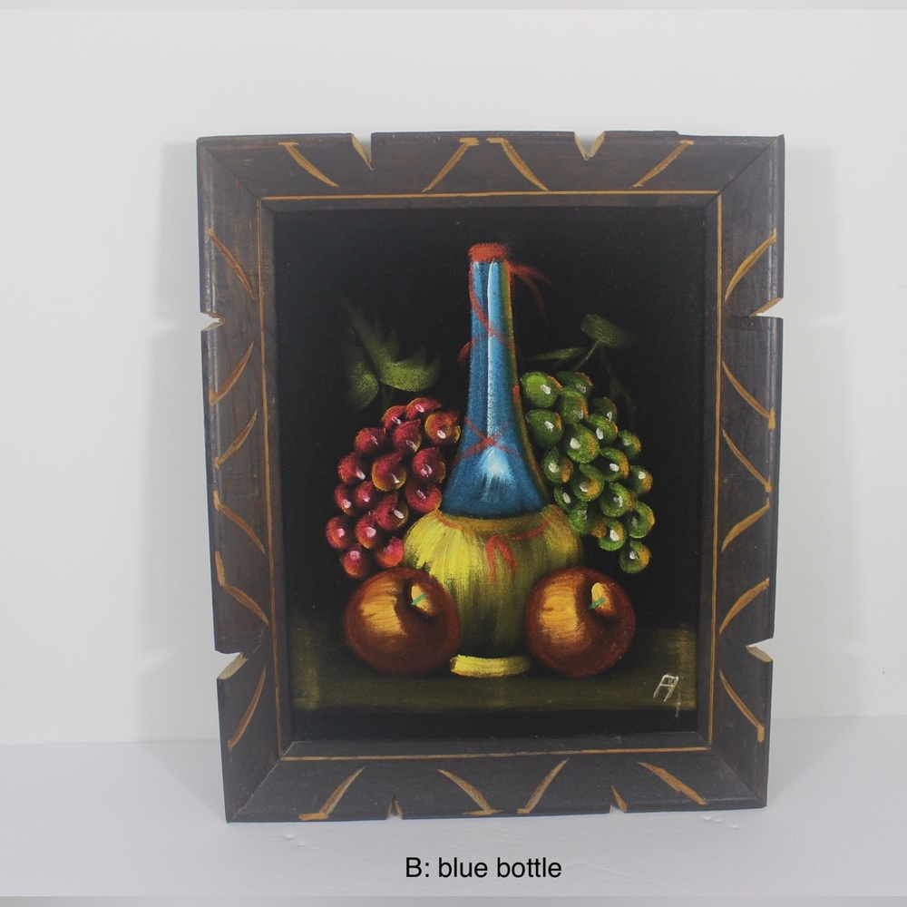 1960’s Vintage Black Velvet Painting Still Life Fruit Pitcher Wood Frame